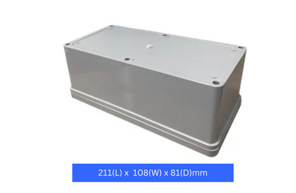 Plastic Enclosure, Grey, 211(L) x 108(W) x 81(D)mm (internal measurements), IP56, screw down lid.