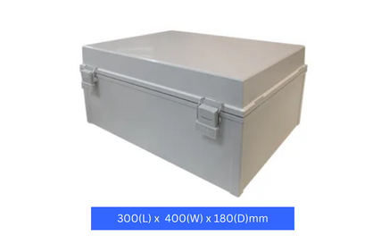 Plastic Enclosure, Grey, 300(L) x 400(W) x 180(D)mm (internal measurements), IP66, hinged lid.