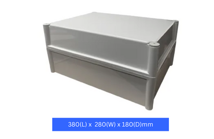 Plastic Enclosure, Grey, 380(L) x 280(W) x 180(D)mm (internal measurements), IP66, screw down lid.