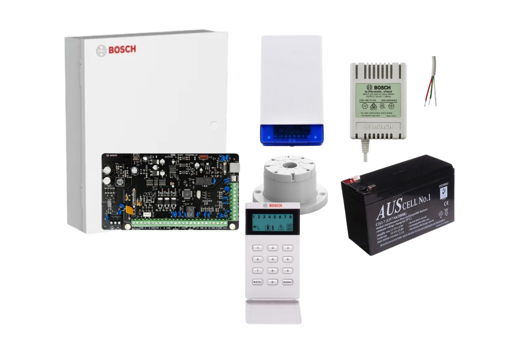 BOSCH, Solution 2000, Alarm kit, Includes ICP-SOL2-P panel, IUI-SOL-ICON LCD keypad, MW300 metal cabinet, Siren Kit (Internal and External Siren, Battery, Power Supply).