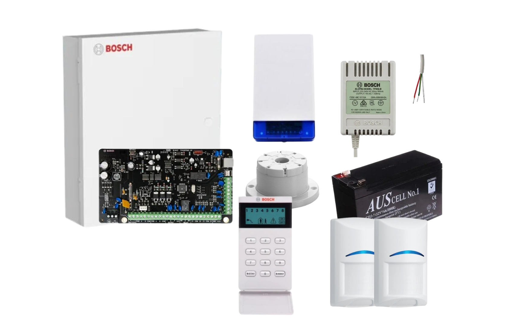 BOSCH, Solution 2000, Alarm kit, Includes ICP-SOL2-P panel, IUI-SOL-ICON LCD keypad, 2x ISC-BPQ2-W12 Quad PIR detectors, Siren Kit (Internal and External Siren, Battery, Power Supply).