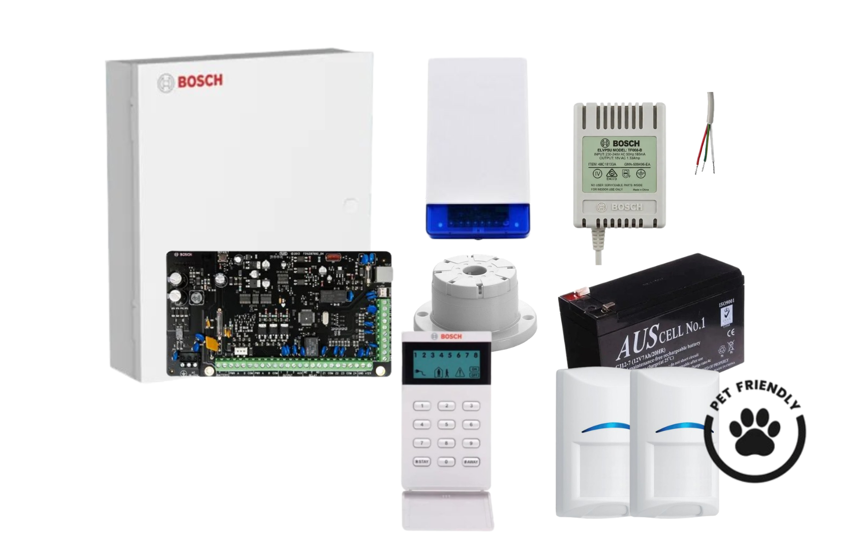 BOSCH, Solution 2000, Alarm kit, Includes ICP-SOL2-P panel, IUI-SOL-ICON LCD keypad, 2x ISC-BDL2-WP12G Tritech detectors, Siren Kit (Internal and External Siren, Battery, Power Supply).