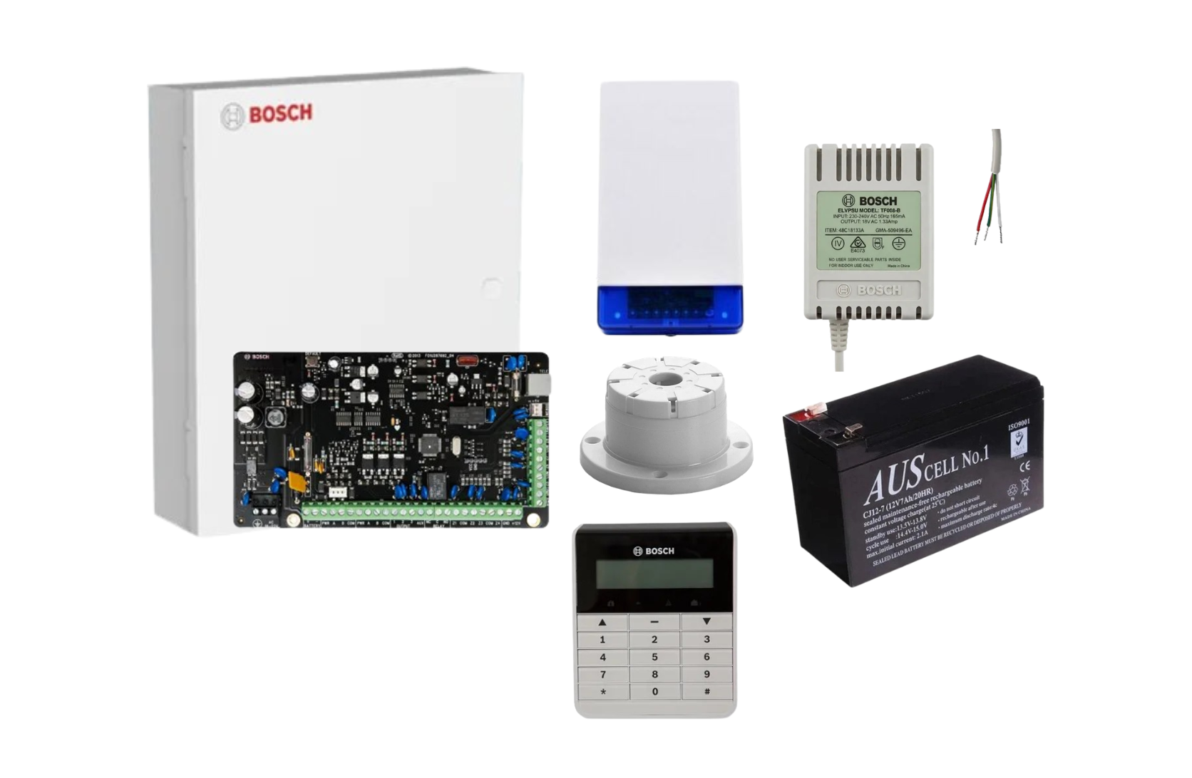 BOSCH, Solution 2000, Alarm kit, Includes ICP-SOL2-P panel, IUI-SOL-TEXT LCD keypad, Siren Kit (Internal and External Siren, Battery, Power Supply).