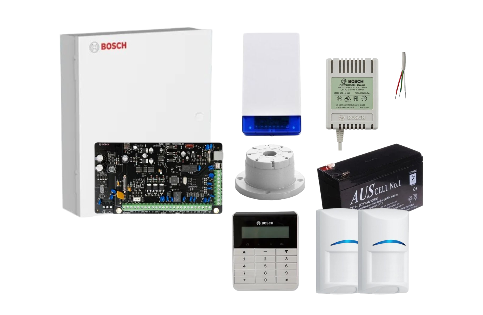BOSCH, Solution 2000, Alarm kit, Includes ICP-SOL2-P panel, IUI-SOL-TEXT Alphanumeric LCD keypad, 2x ISC-BPR2-W12 PIR detectors, Siren Kit (Internal and External Siren, Battery, Power Supply).