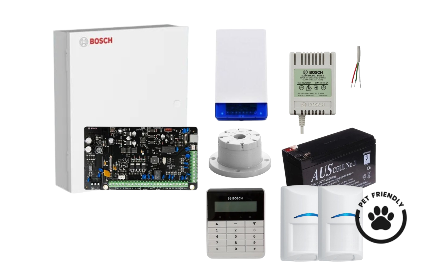 BOSCH, Solution 2000, Alarm kit, Includes ICP-SOL2-P panel, IUI-SOL-TEXT Alphanumeric LCD keypad, 2x ISC-BDL2-WP12G Tritech detectors, Siren Kit (Internal and External Siren, Battery, Power Supply).