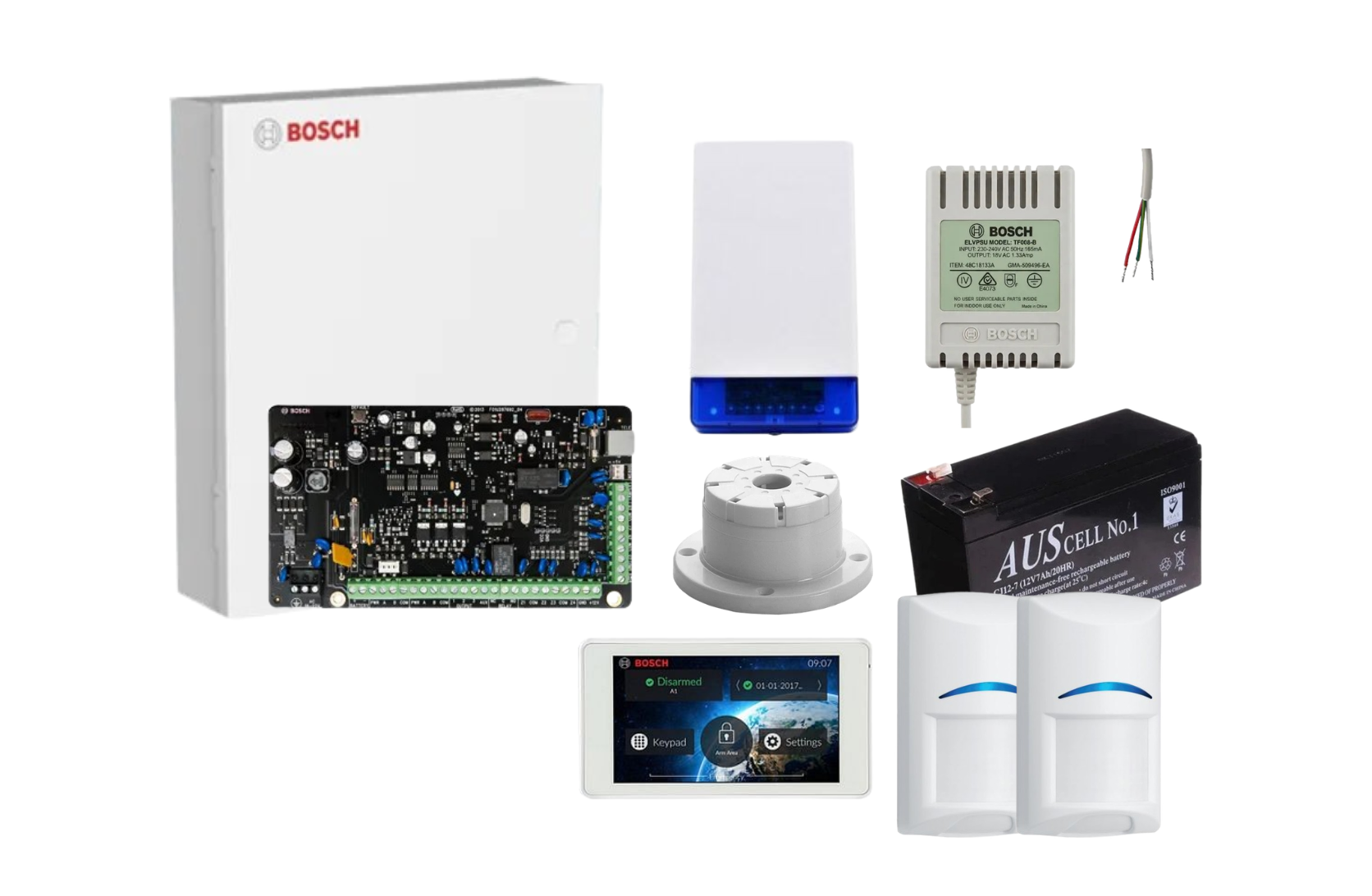 BOSCH, Solution 2000, Alarm kit, Includes ICP-SOL2-P panel, 5" Touchscreen keypad, 2x ISC-BPQ2-W12 PIR detectors, Siren Kit (Internal and External Siren, Battery, Power Supply).