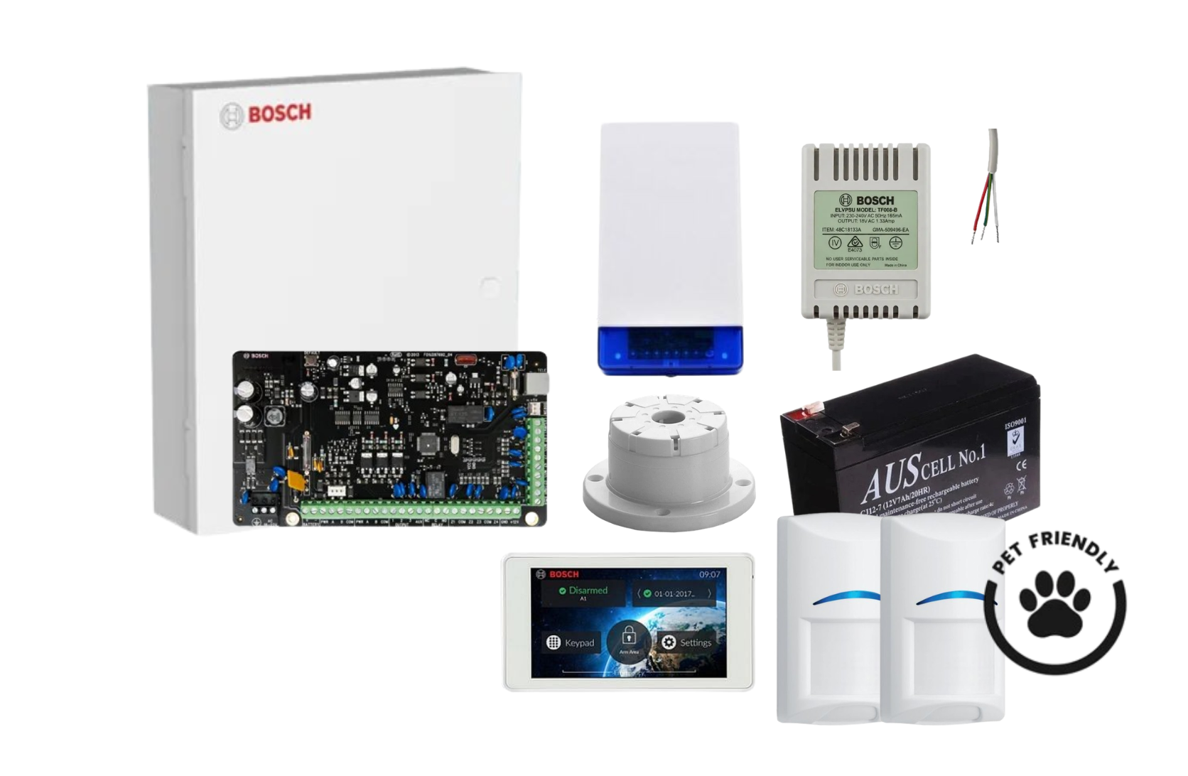 BOSCH, Solution 2000, Alarm kit, Includes ICP-SOL2-P panel, 5" Touchscreen keypad, 2x ISC-BDL2-WP12G Tritech detectors, Siren Kit (Internal and External Siren, Battery, Power Supply).