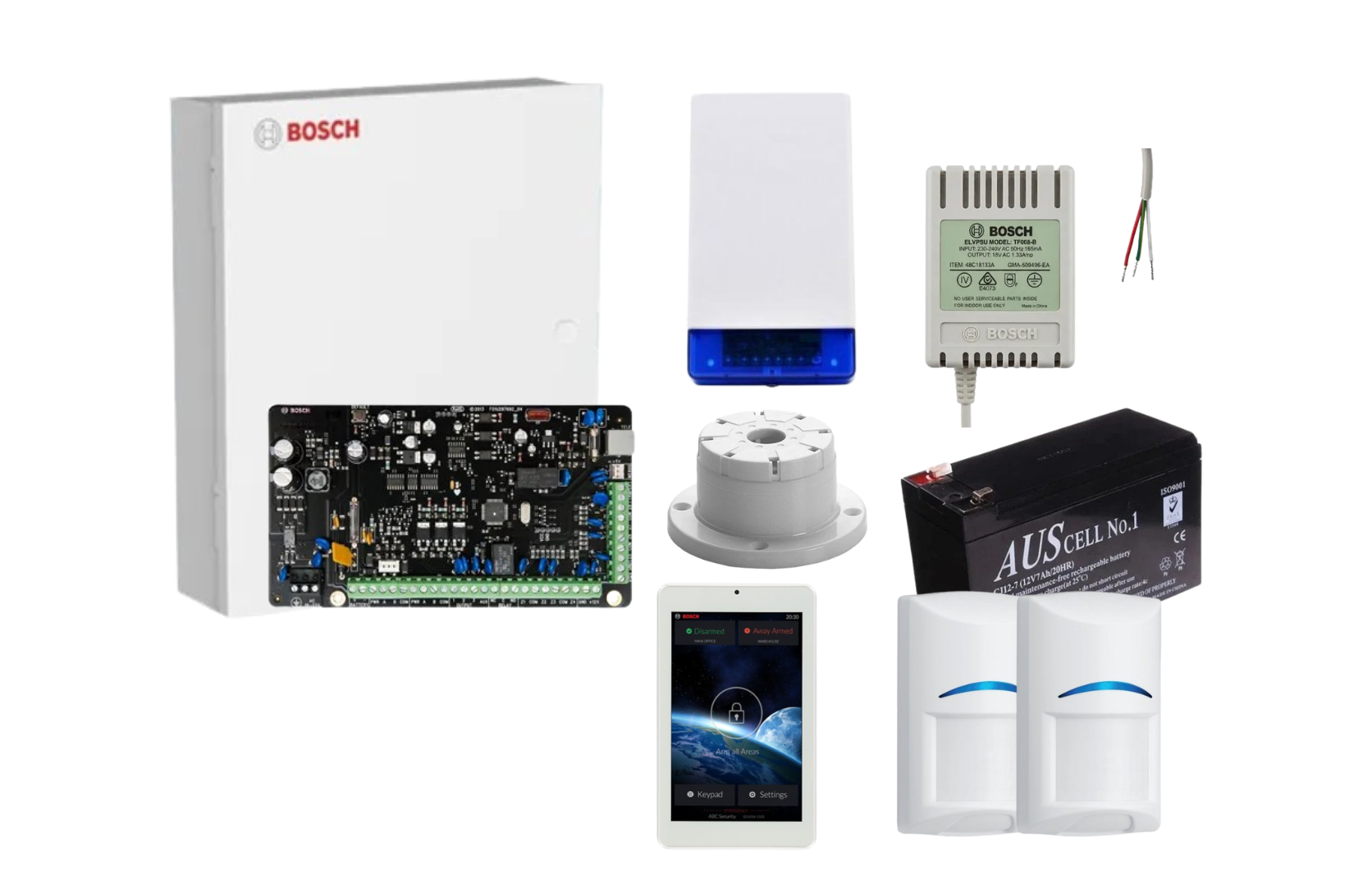 BOSCH, Solution 2000, Alarm kit, Includes ICP-SOL2-P panel, 7" Touchscreen keypad, 2x ISC-BPQ2-W12 Quad PIR detectors, Siren Kit (Internal and External Siren, Battery, Power Supply).