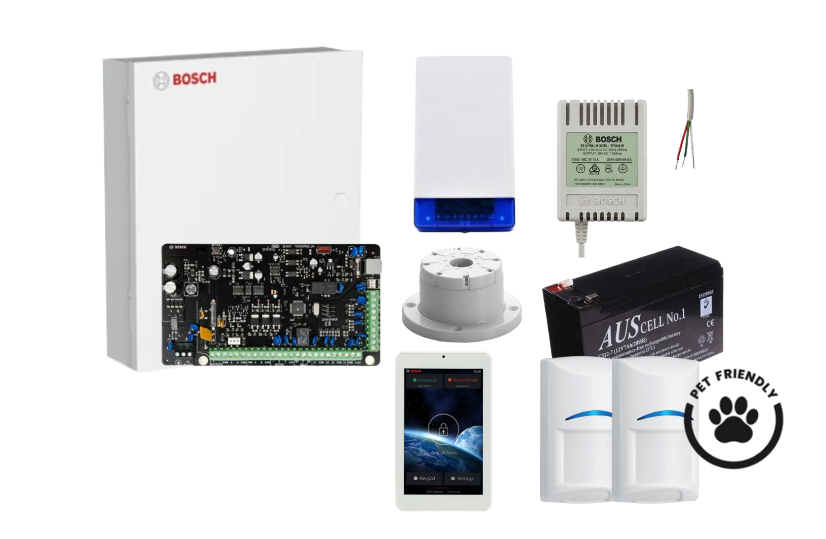 BOSCH, Solution 2000, Alarm kit, Includes ICP-SOL2-P panel, 7" Touchscreen keypad, 2x ISC-BDL2-WP12G detectors, Siren Kit (Internal and External Siren, Battery, Power Supply).