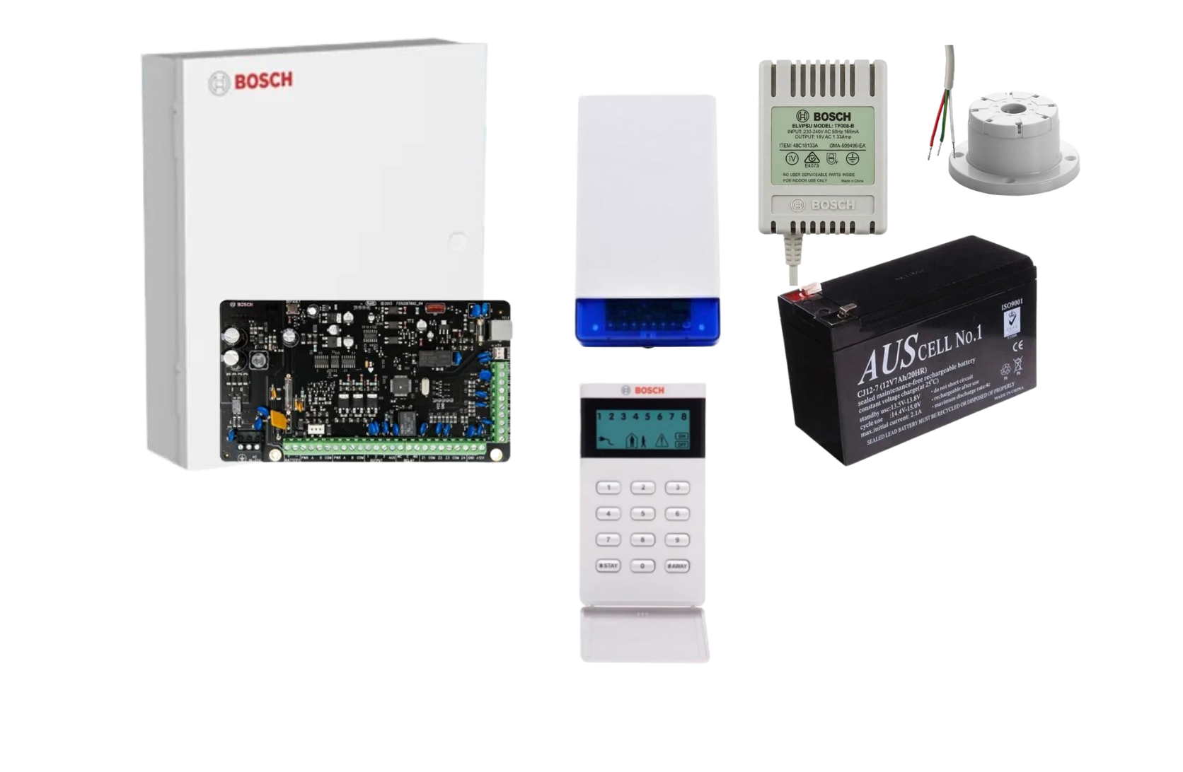 BOSCH, Solution 3000, Alarm kit, Includes ICP-SOL3-P panel, IUI-SOL-ICON LCD keypad, MW300 metal cabinet, Siren Kit (Internal and External Siren, Battery, Power Supply).