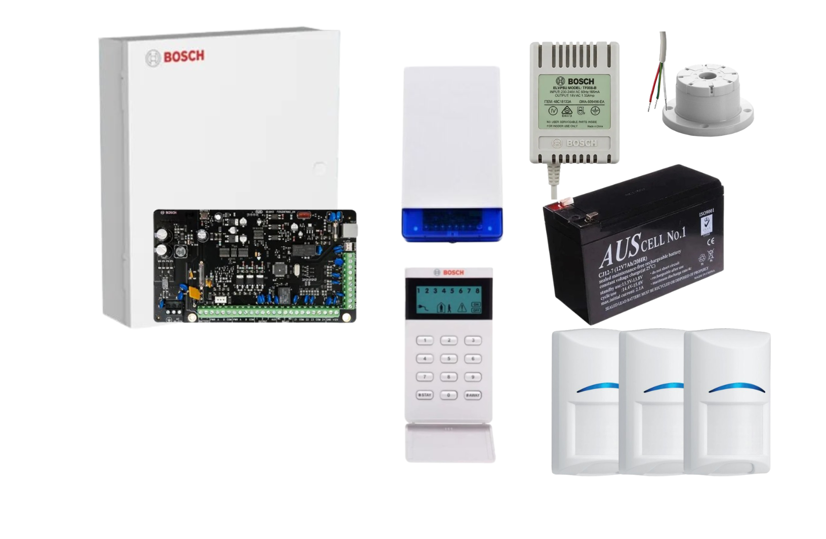 BOSCH, Solution 3000, Alarm kit, Includes ICP-SOL3-P panel, IUI-SOL-ICON LCD keypad, 3x ISC-BPQ2-W12 Quad PIR detectors, Siren Kit (Internal and External Siren, Battery, Power Supply).