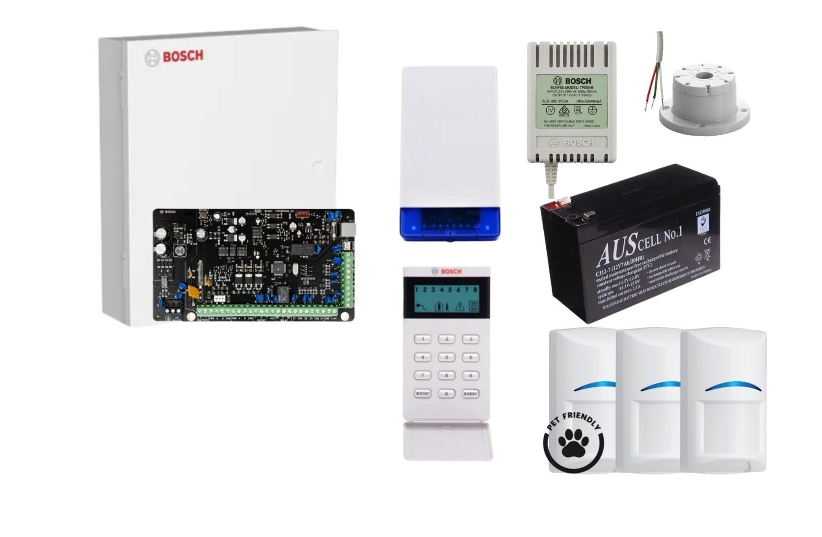 BOSCH, Solution 3000, Alarm kit, Includes ICP-SOL3-P panel, IUI-SOL-ICON LCD keypad, 3x ISC-BDL2-WP12G Tritech detectors, Siren Kit (Internal and External Siren, Battery, Power Supply).