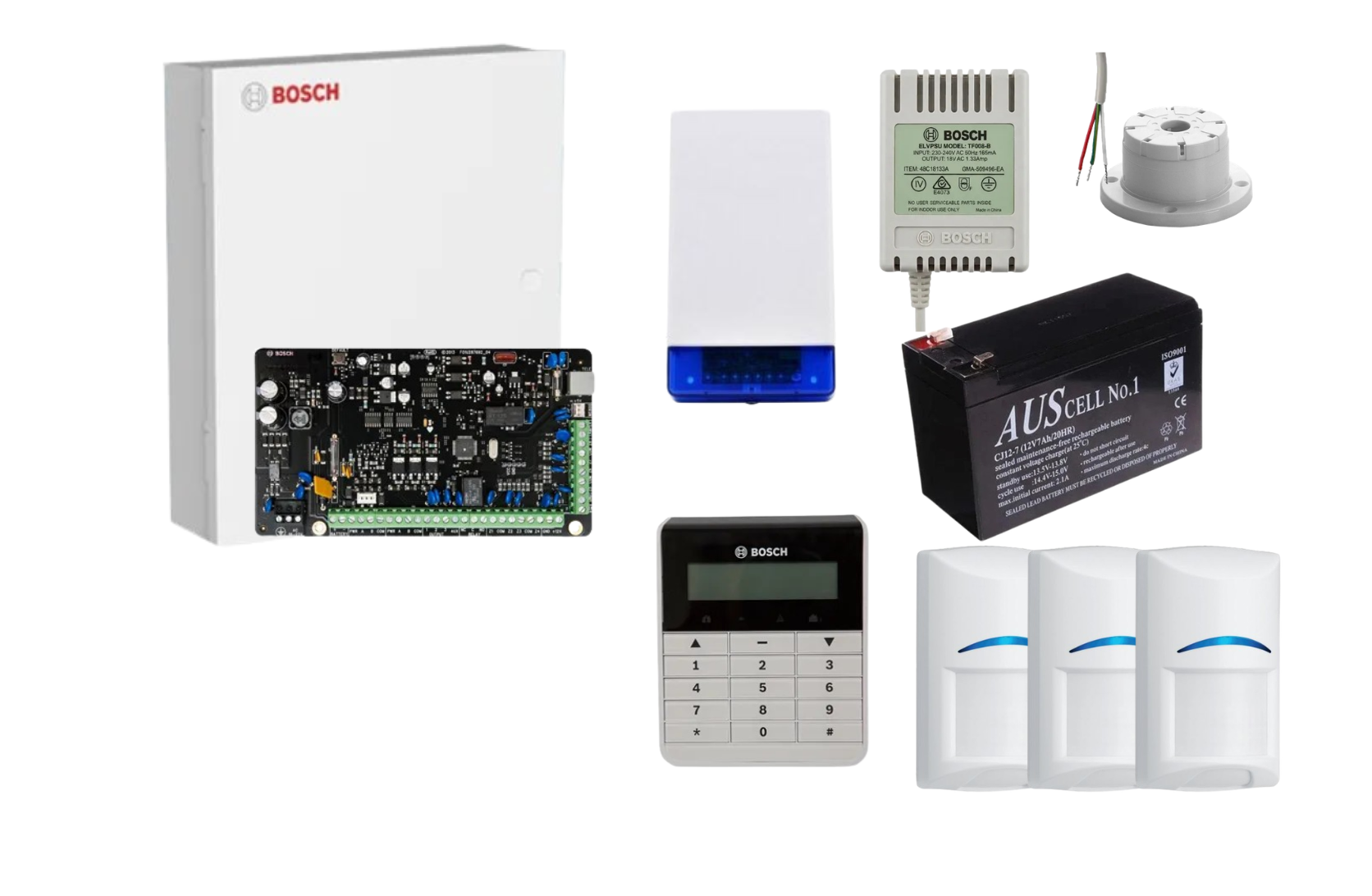 BOSCH, Solution 3000, Alarm kit, Includes ICP-SOL3-P panel, IUI-SOL-TEXT Alphanumeric LCD keypad, 3x ISC-BPQ2-W12 Quad PIR detectors, Siren Kit (Internal and External Siren, Battery, Power Supply).