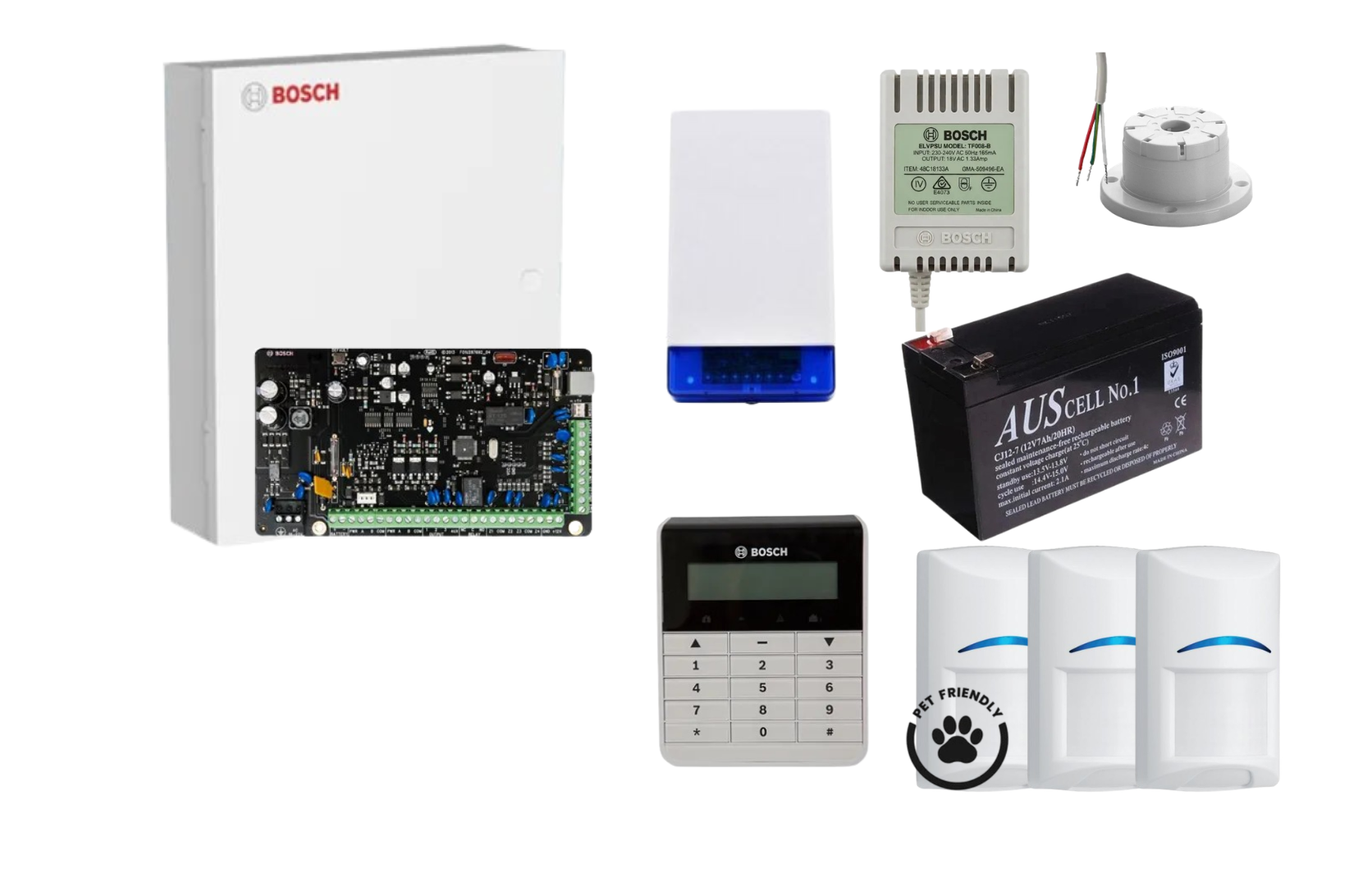 BOSCH, Solution 3000, Alarm kit, Includes ICP-SOL3-P panel, IUI-SOL-TEXT Alphanumeric LCD keypad, 3x ISC-BDL2-WP12G Tritech detectors, Siren Kit (Internal and External Siren, Battery, Power Supply).